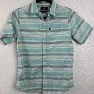 Quiksilver Men's Short Sleeve Button Up Shirt Size 12-14 Teal Stripe