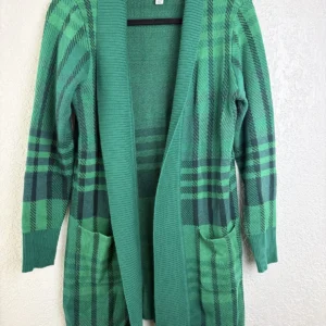 Isaac Mizrahi Live! XS Green Plaid Open Cardigan Sweater Pockets Cotton Blend
