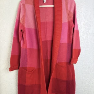 Isaac Mizrahi Live! Women's XS Red Pink Plaid Open Cardigan Sweater Pockets
