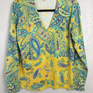 Isaac Mizrahi Live! Yellow Paisley Cardigan Sweater Women's Size S Cotton Blend
