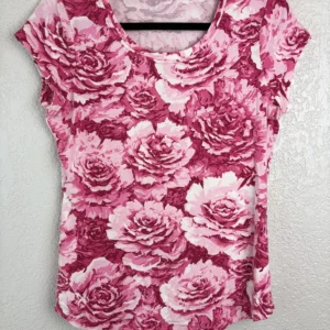 Isaac Mizrahi Live! Women's Pink Rose Floral Scoop Neck T-Shirt Size S