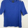 Tahari Women's Blue Ribbed Knit Top Gold Button Detail Short Sleeve Size M