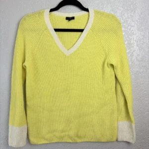 Talbots Petite SP Yellow White V-Neck Ribbed Knit Sweater Cotton Blend