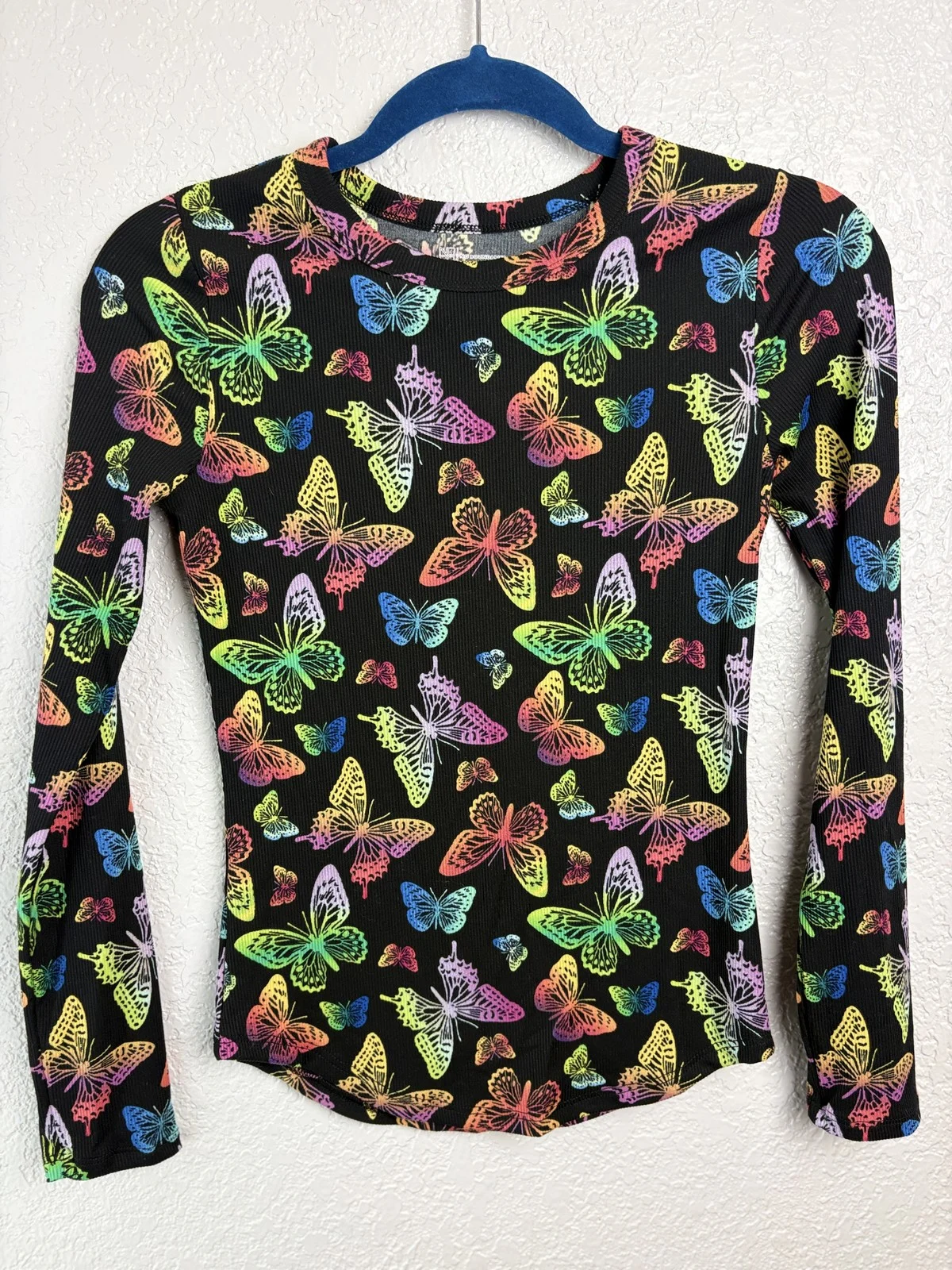 No Boundaries Ribbed Butterfly Long Sleeve Top Black Rainbow Size S (3-5)