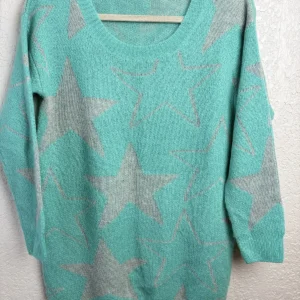 Ro & De Women's Aqua Gray Star Pattern Acrylic Blend Sweater S