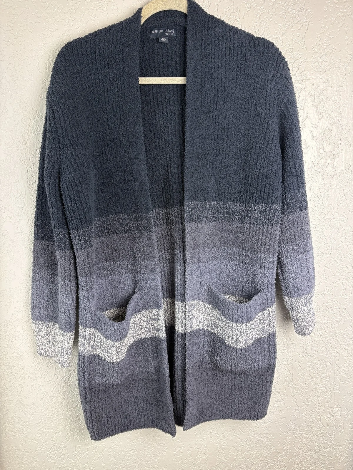 Barefoot Dreams Cozychic Cardigan XS Blue Gray Stripe Knit Sweater