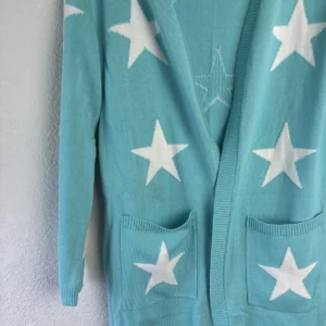 Belle by Kim Gravel XS Blue White Star Cardigan Sweater Open Front