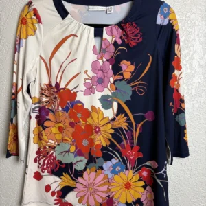 Susan Graver Women's XXS Floral Split Print 3/4 Sleeve Top Blouse