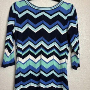 Susan Graver XS Blue Green White Chevron Knit Sweater Top 3/4 Sleeve Cotton Blen