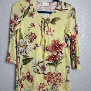 Belle by Kim Gravel Women's Yellow Floral V-Neck Tassel Top Blouse Size XXS