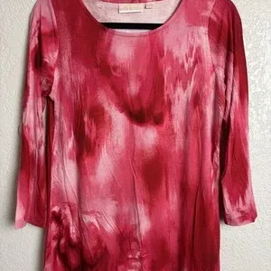 Belle Kim Gravel Pink Red Abstract Tie Dye 3/4 Sleeve Top Women's XXS