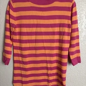 Belle Kim Gravel Women's XXS Pink Orange Striped 3/4 Sleeve Knit Top Shirt