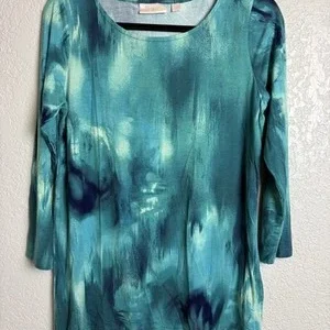 Belle Kim Gravel Teal Blue Abstract Print 3/4 Sleeve Top XXS