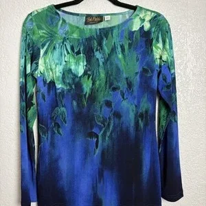 Bob Mackie Wearable Art Long Sleeve Top XXS Blue Green Abstract Print