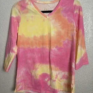 Belle Kim Gravel Tie Dye V-Neck 3/4 Sleeve Shirt XXS Pink Yellow Orange