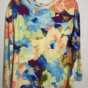 Belle Kim Gravel Abstract Floral Long Sleeve Top Shirt X-Small XS Multi Color