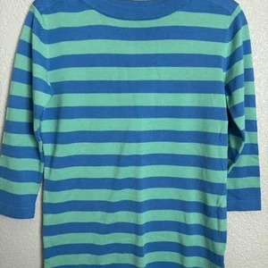 Belle Kim Gravel Striped 3/4 Sleeve Knit Top Blue Green XXS