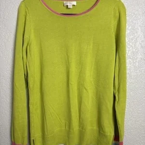 Belle Kim Gravel Lime Green Knit Sweater Pink Trim Multi Stripe Cuffs Small