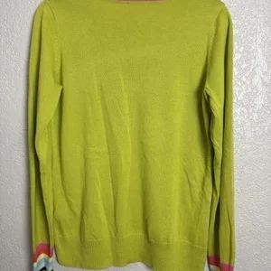 Belle Kim Gravel Lime Green Knit Sweater Pink Trim Multi Stripe Cuffs Small – photo 2