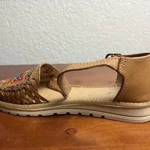 Mexican Huarache Sandals Women's Size 7 Tan Leather Floral Embroidered Shoes – photo 12