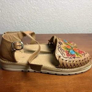 Mexican Huarache Sandals Women's Size 7 Tan Leather Floral Embroidered Shoes – photo 6