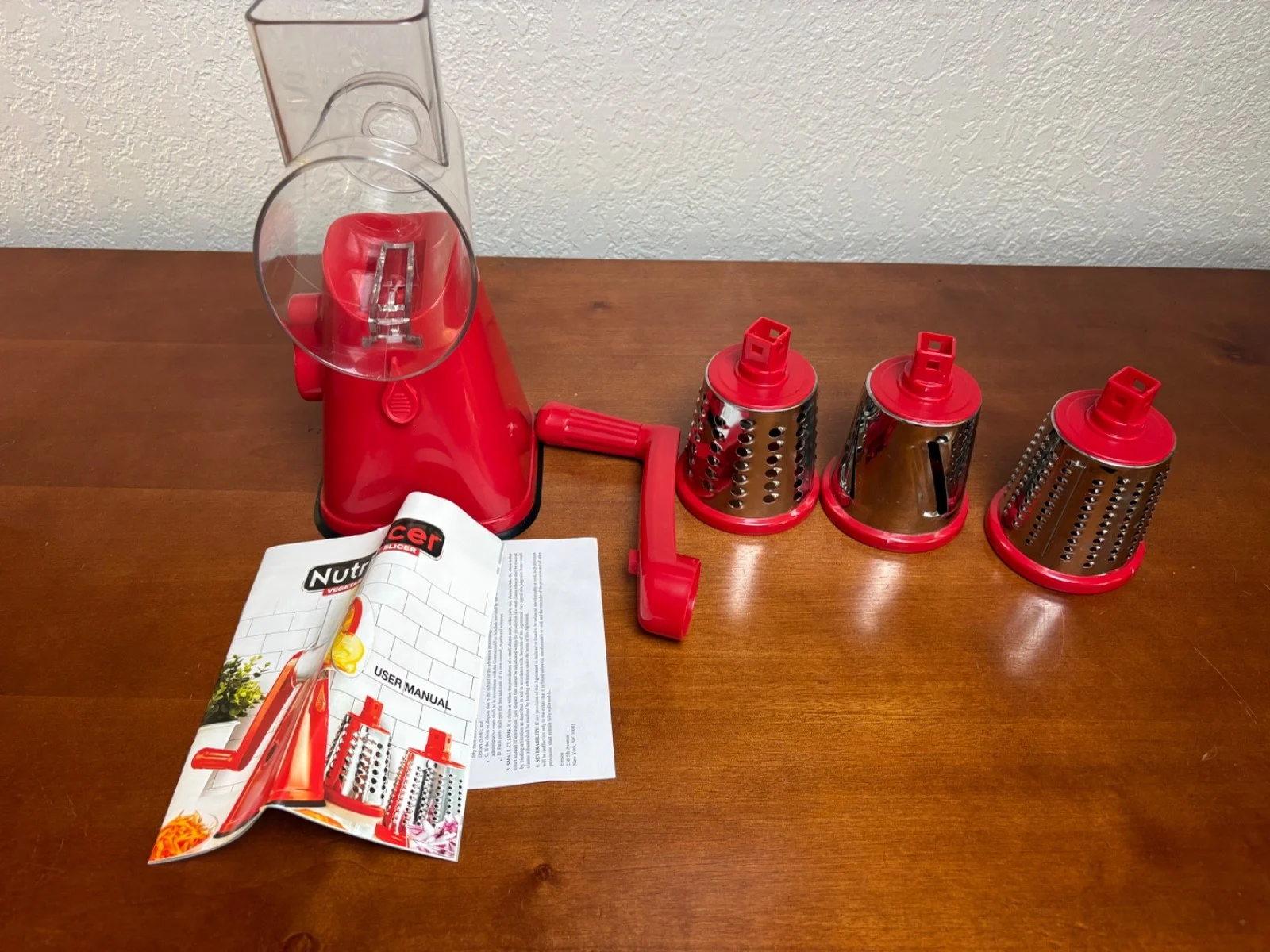 NutriSlicer Vegetable & Fruit Slicer Rotary Cheese Grater Red 3 Blades & Manual – photo 2