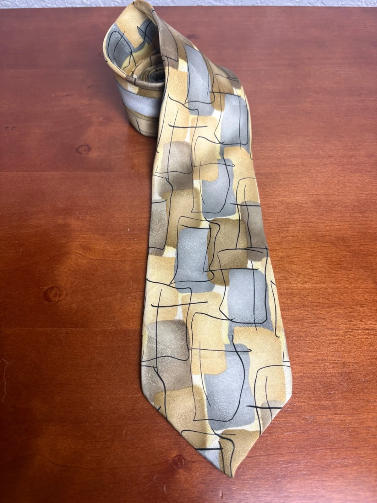 J. Garcia Silk Tie Robot Neurosis Collection 41 Abstract Gold Tan Gray Flawed