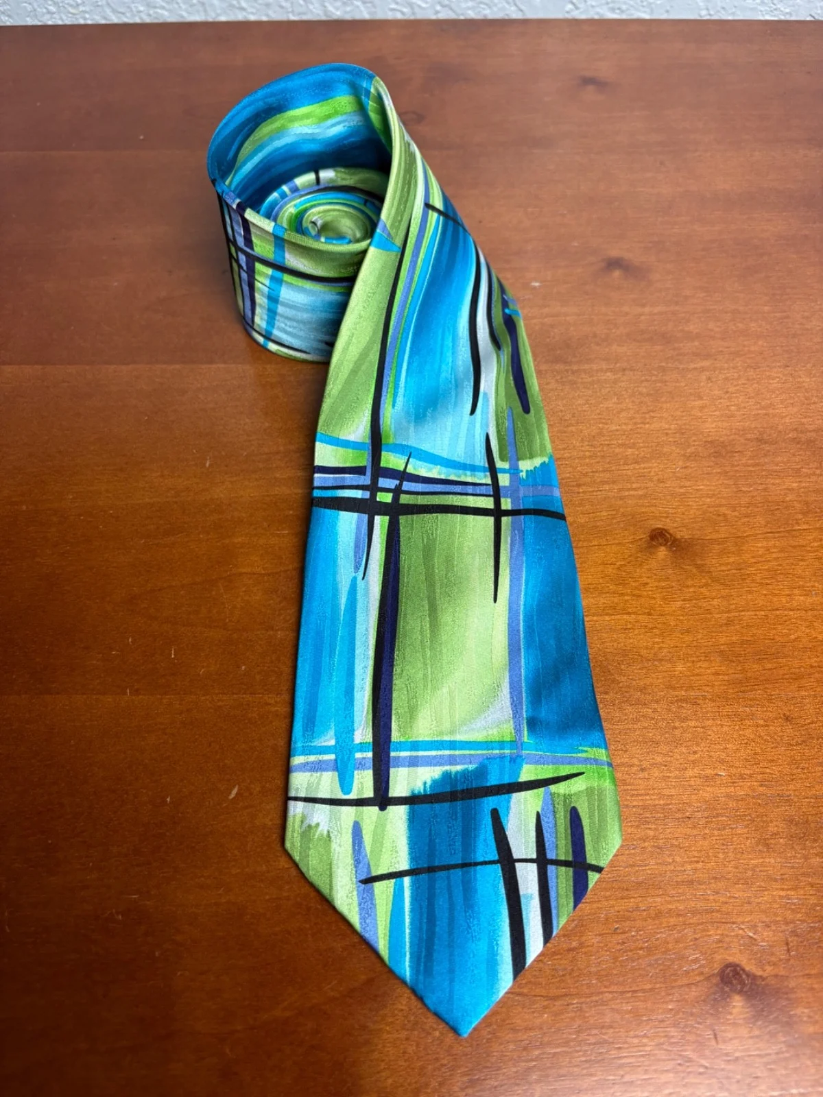 J. Garcia "Space Containers" Silk Necktie Vintage 2004 Abstract Blue Green