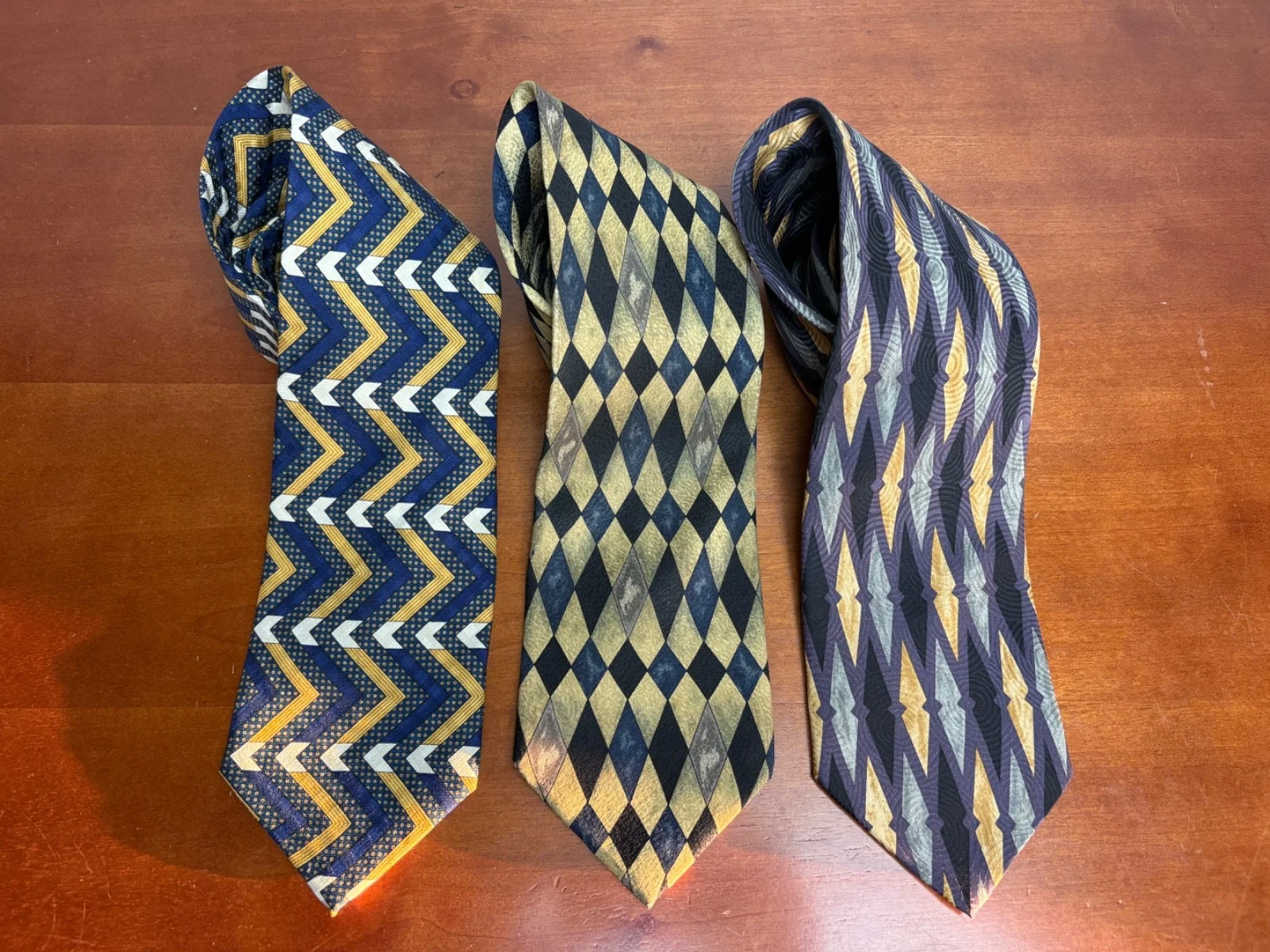 Lot of 3 Zoni Inc. Men's Silk Ties Geometric Chevron Harlequin Retro Prints