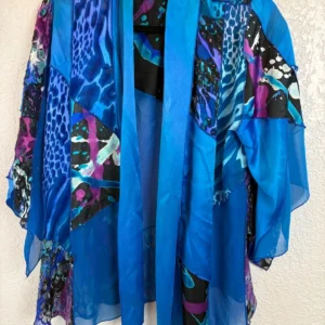 Simply Silk Blue Abstract Print Open Front Kimono Jacket Mixed Fabric Stain