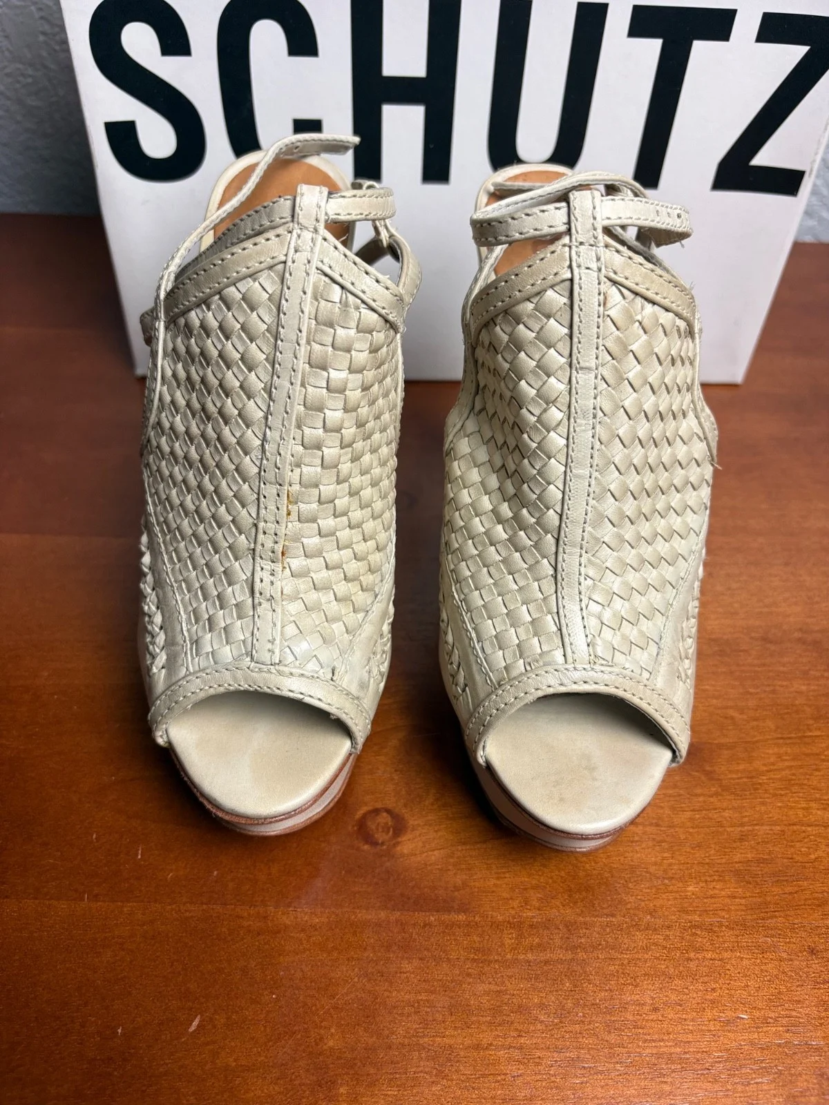 SCHUTZ Cream Woven Leather Platform Sandals Peep Toe Heels