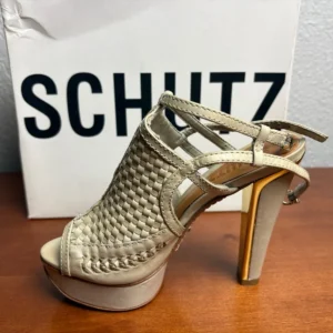 SCHUTZ Cream Woven Leather Platform Sandals Peep Toe Heels – photo 10