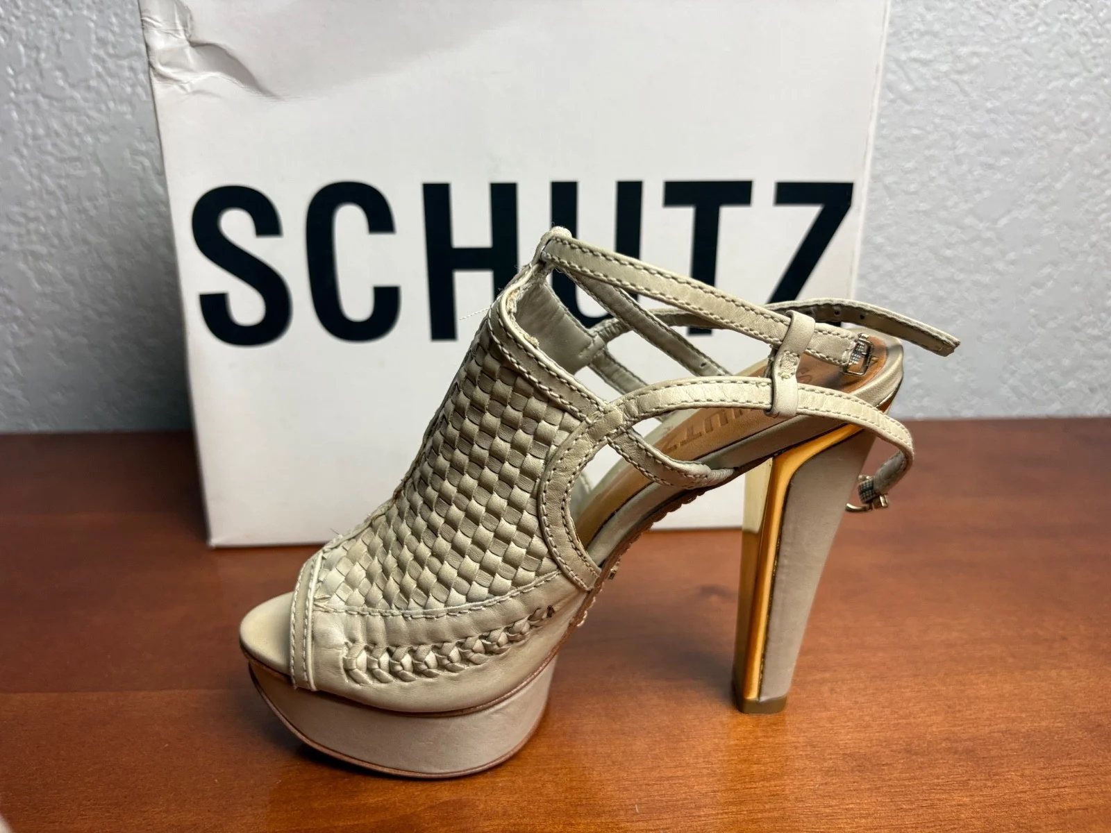 SCHUTZ Cream Woven Leather Platform Sandals Peep Toe Heels – photo 10