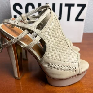 SCHUTZ Cream Woven Leather Platform Sandals Peep Toe Heels – photo 3