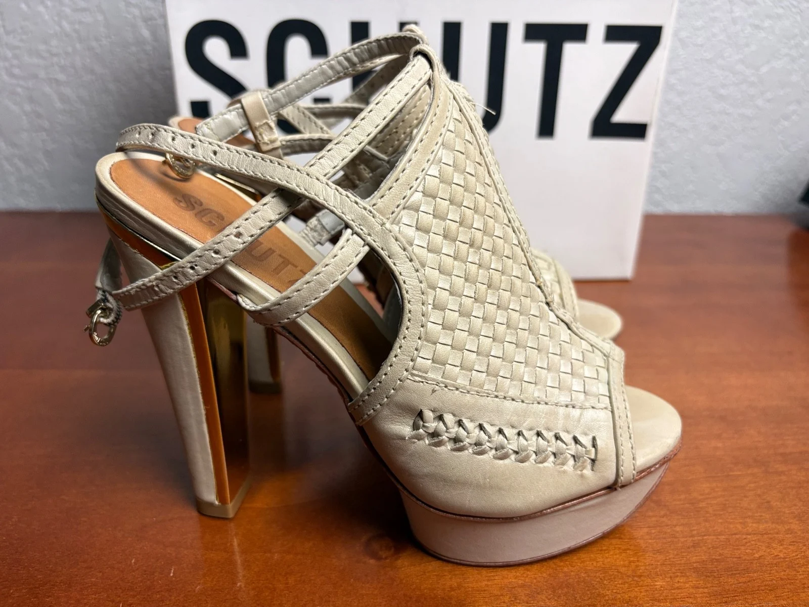 SCHUTZ Cream Woven Leather Platform Sandals Peep Toe Heels – photo 3
