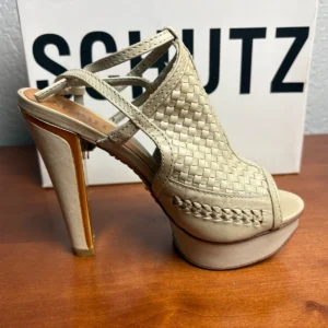 SCHUTZ Cream Woven Leather Platform Sandals Peep Toe Heels – photo 4