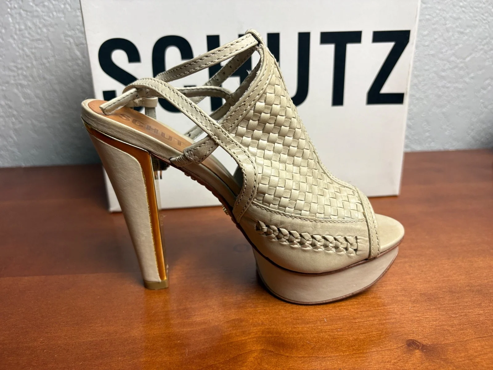 SCHUTZ Cream Woven Leather Platform Sandals Peep Toe Heels – photo 4