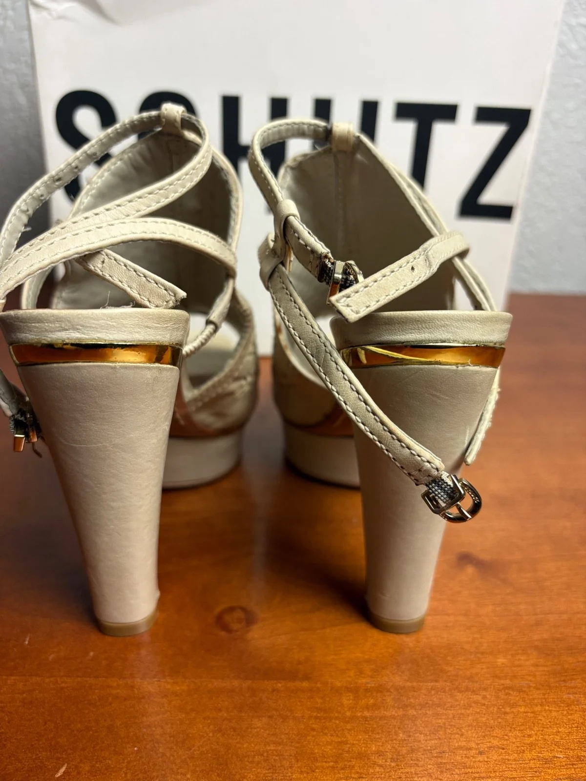 SCHUTZ Cream Woven Leather Platform Sandals Peep Toe Heels – photo 5
