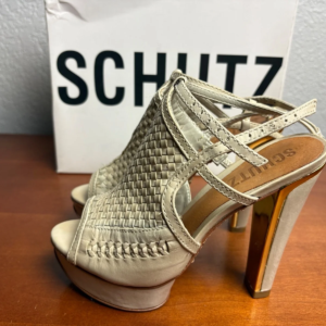SCHUTZ Cream Woven Leather Platform Sandals Peep Toe Heels – photo 9