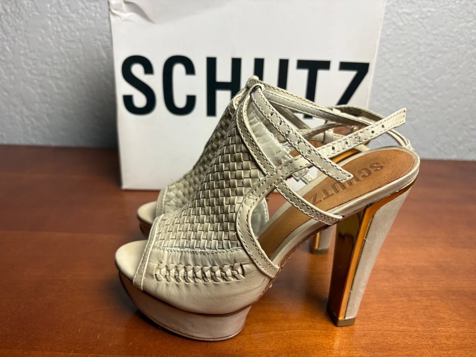 SCHUTZ Cream Woven Leather Platform Sandals Peep Toe Heels – photo 9