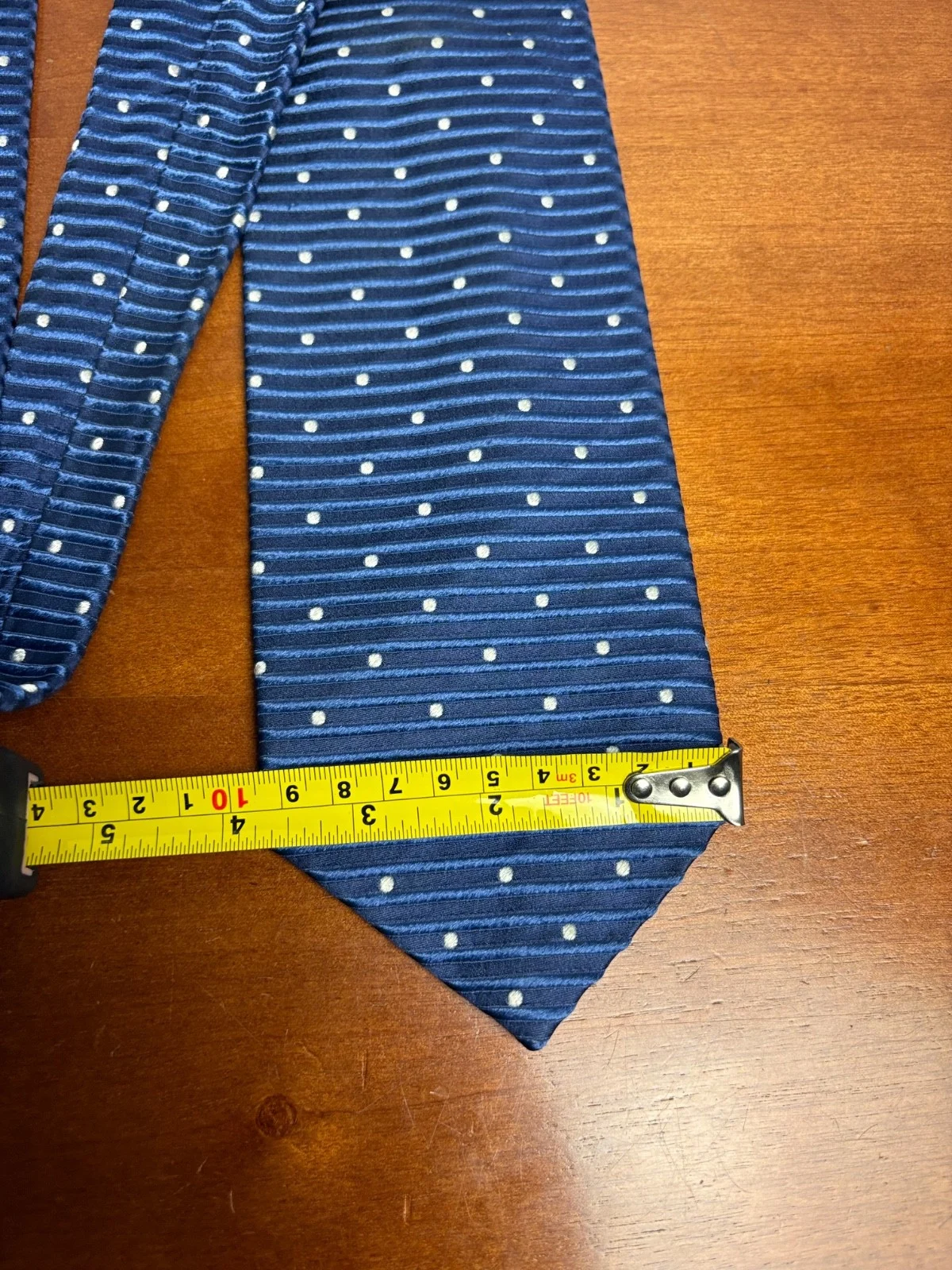 Façonnable Men's Silk Necktie Blue Ribbed Horizontal Stripes White Polka Dot – photo 2