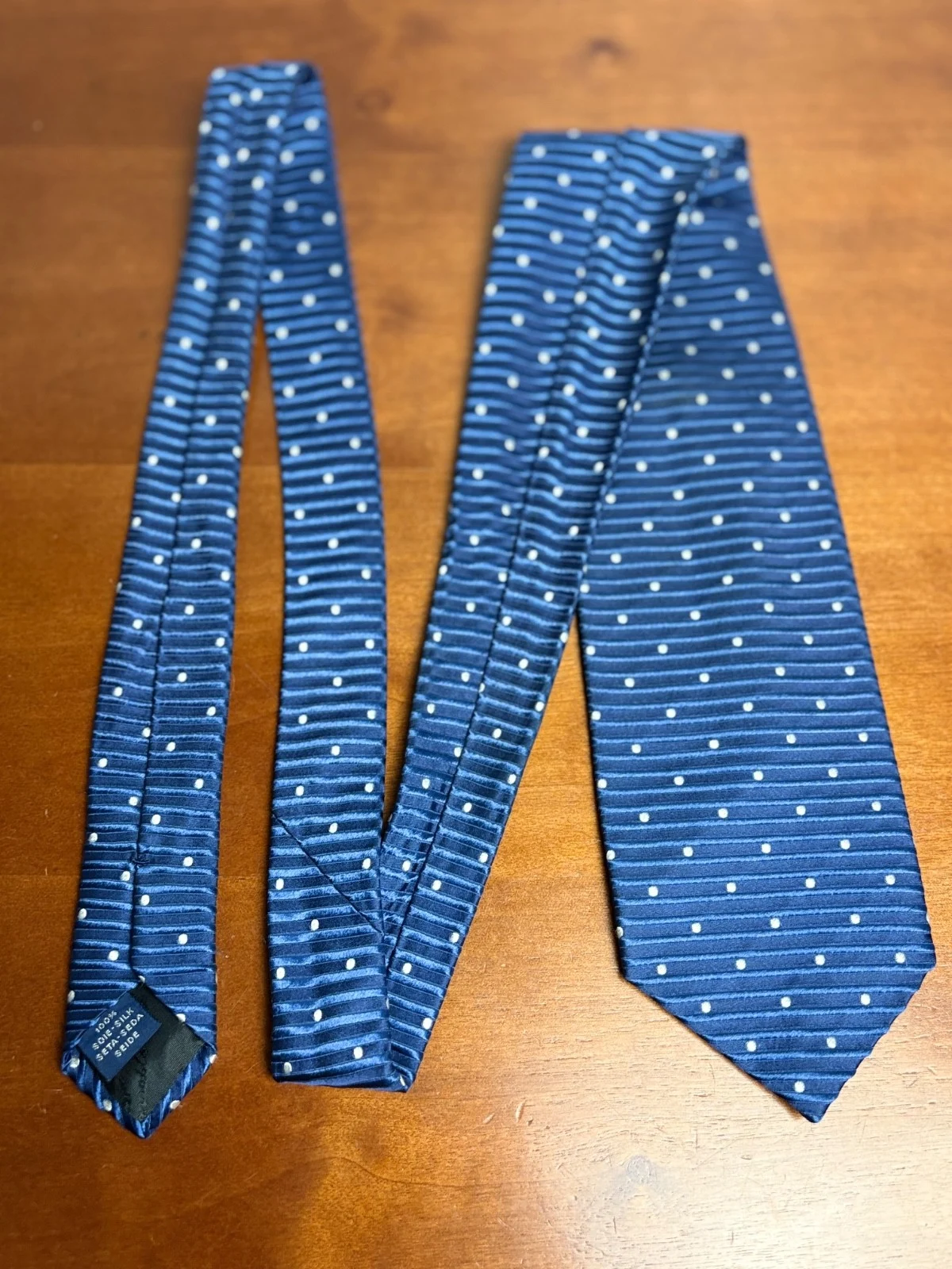 Façonnable Men's Silk Necktie Blue Ribbed Horizontal Stripes White Polka Dot – photo 5