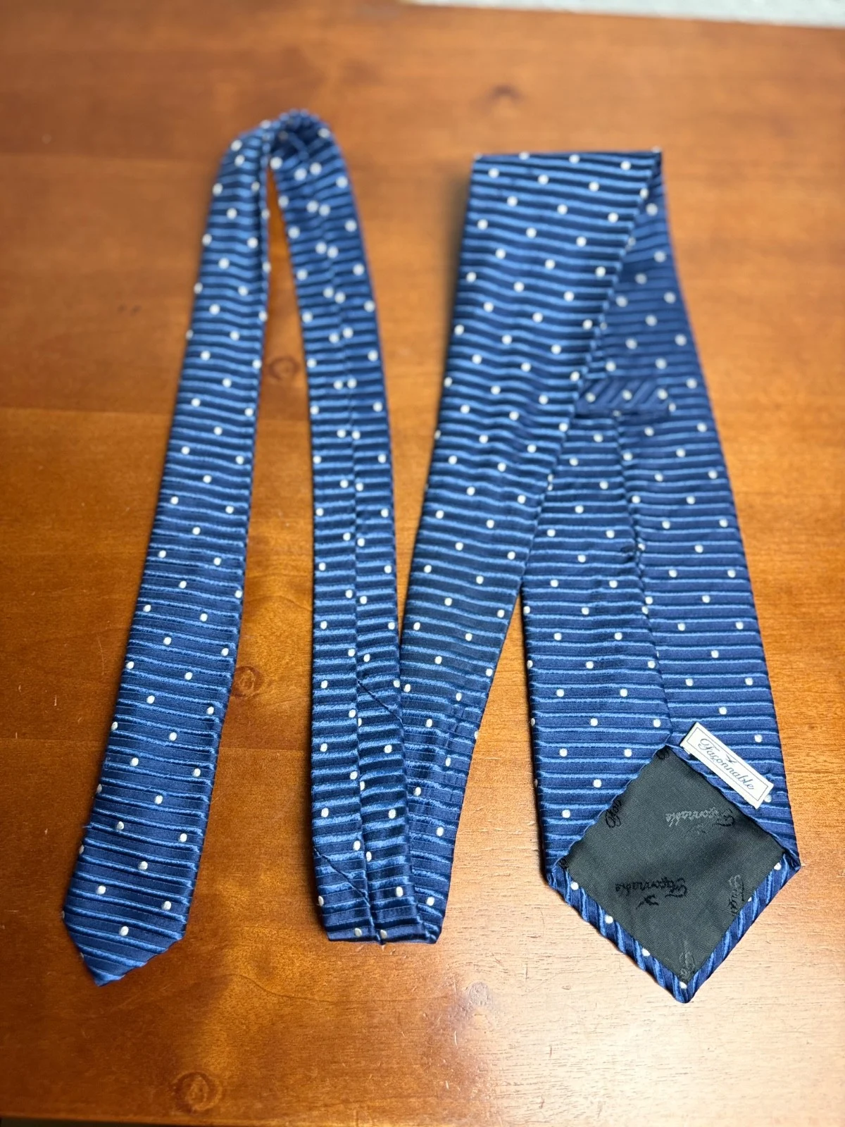 Façonnable Men's Silk Necktie Blue Ribbed Horizontal Stripes White Polka Dot – photo 7