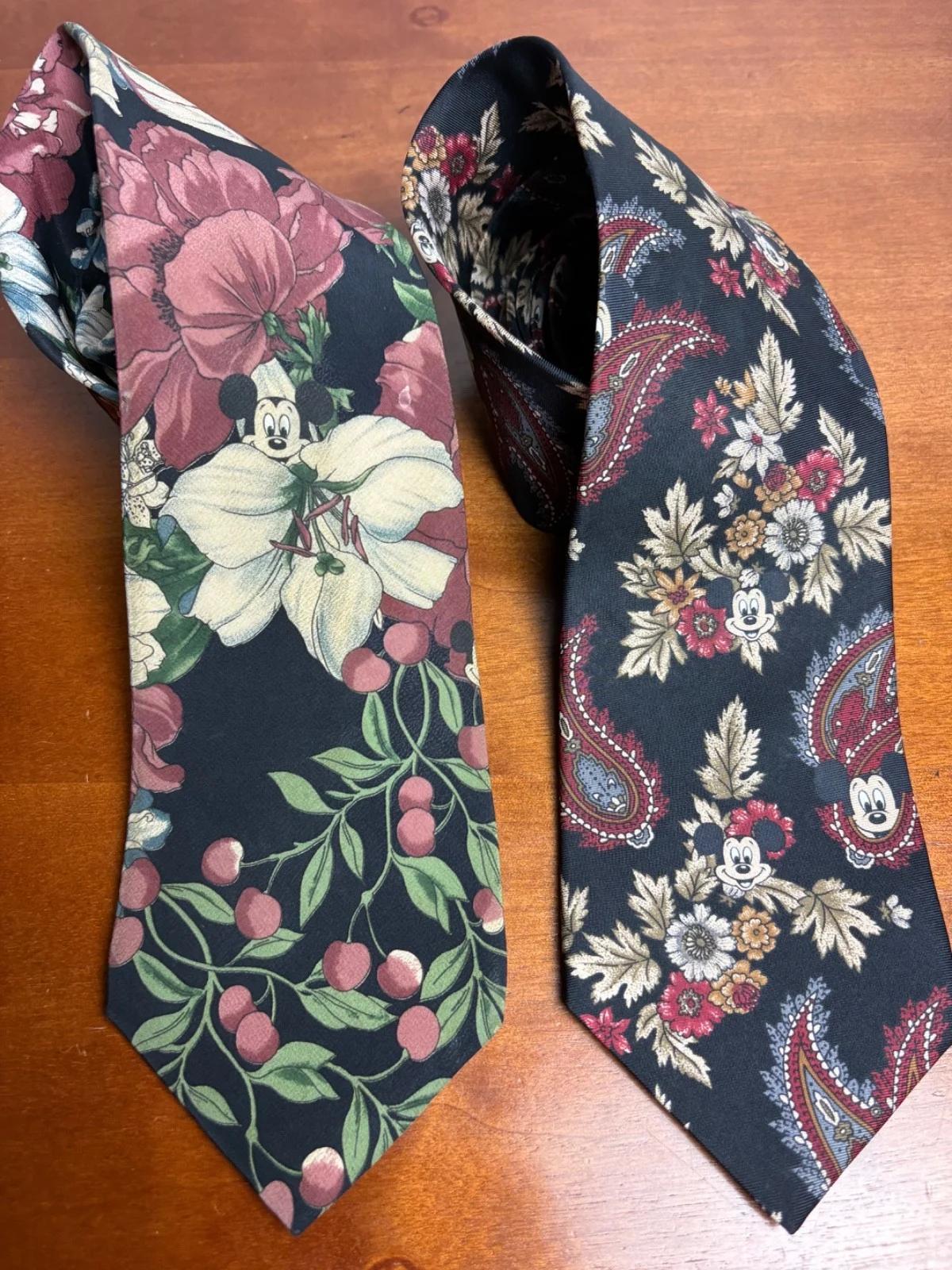 Lot of 2 Vintage Disney Mickey Mouse Silk Neckties Floral Paisley Black