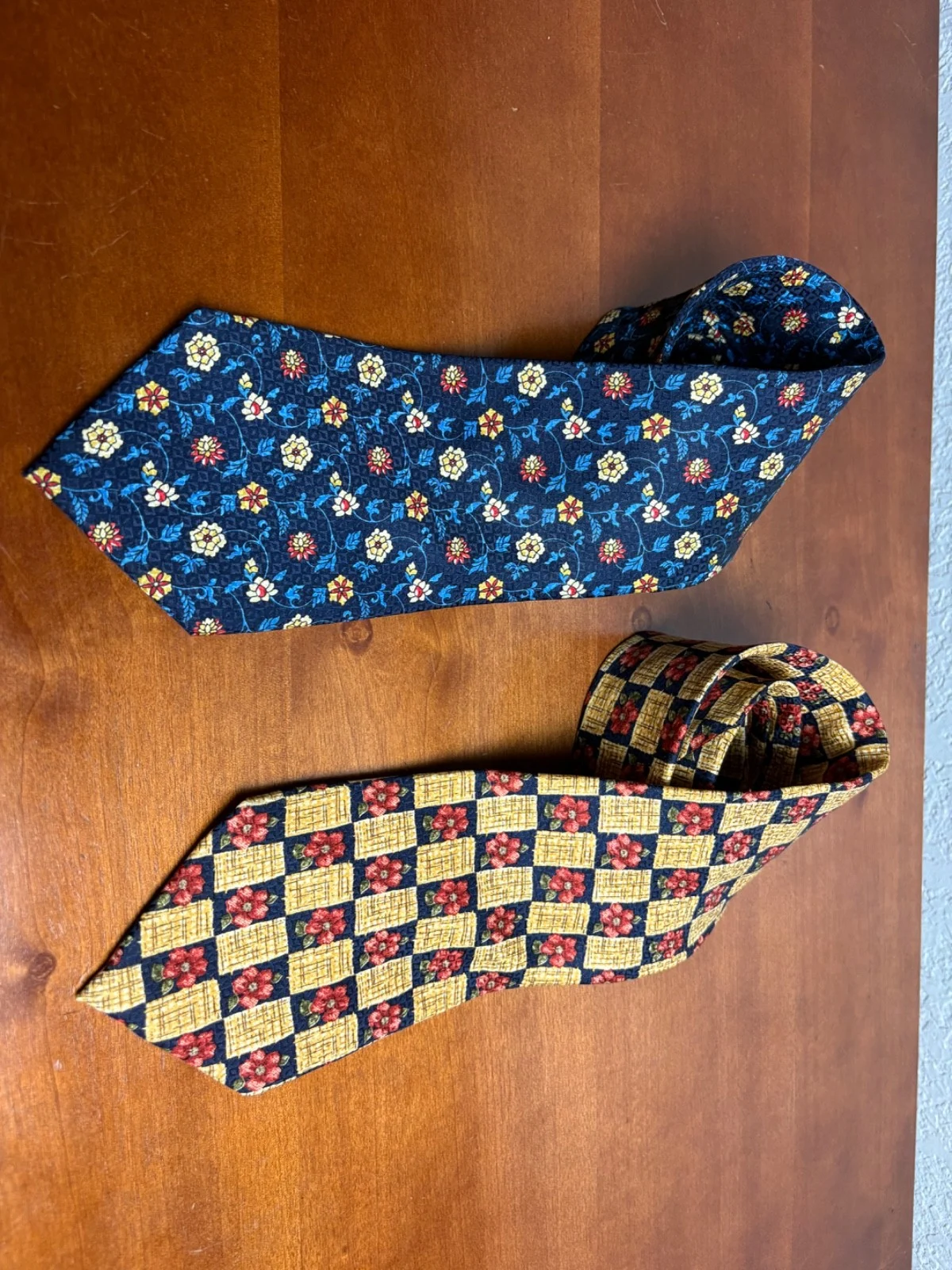 Lot of 2 Addison on Madison Handmade Silk Neckties Floral Checks Blue Yellow