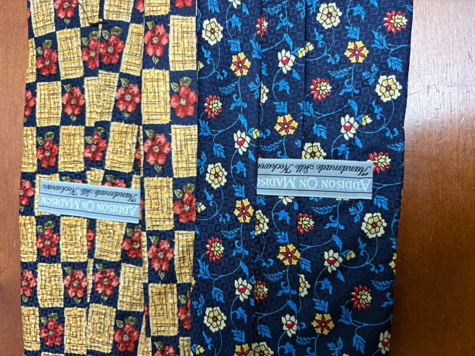 Lot of 2 Addison on Madison Handmade Silk Neckties Floral Checks Blue Yellow – photo 14