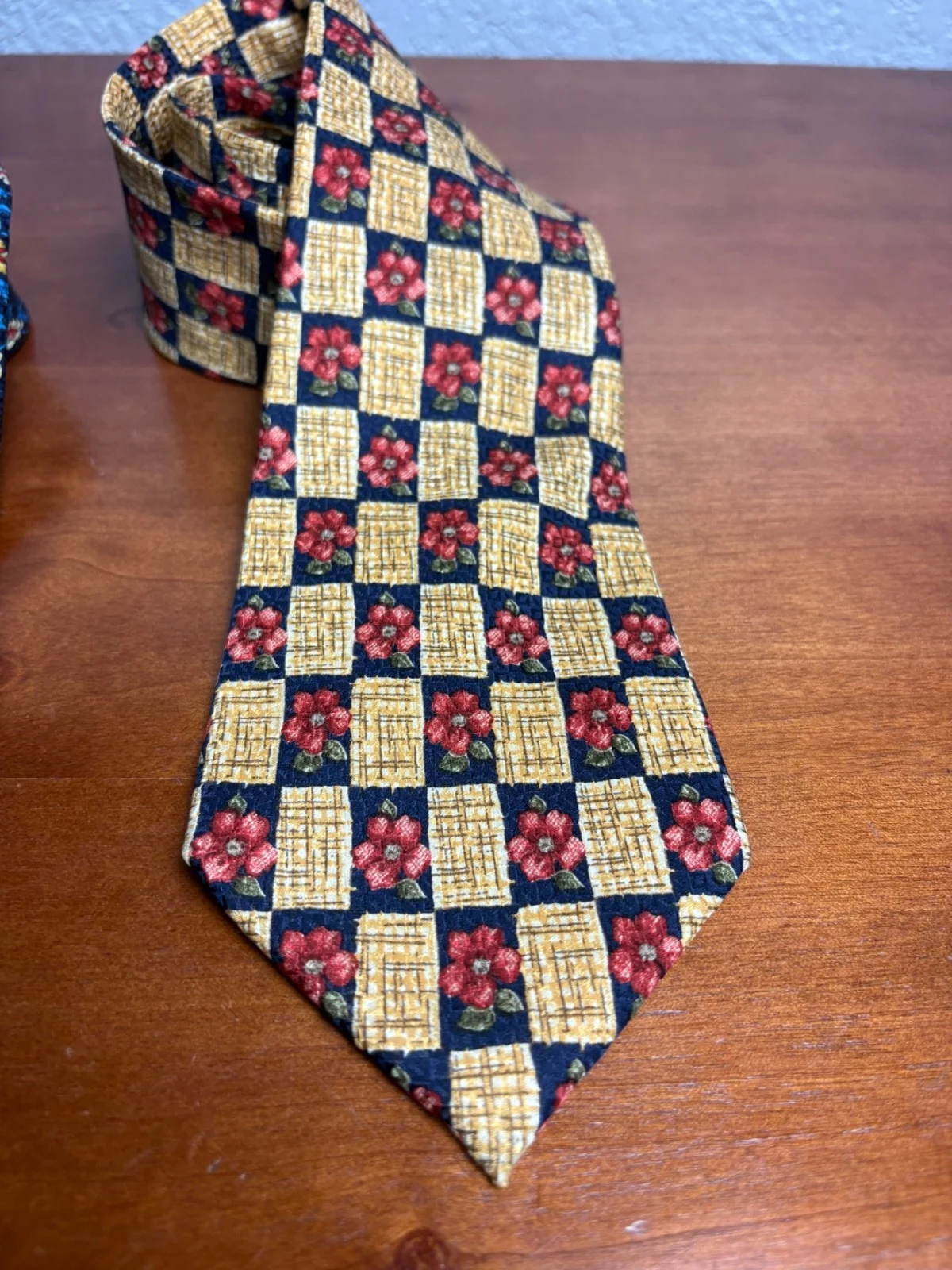 Lot of 2 Addison on Madison Handmade Silk Neckties Floral Checks Blue Yellow – photo 2