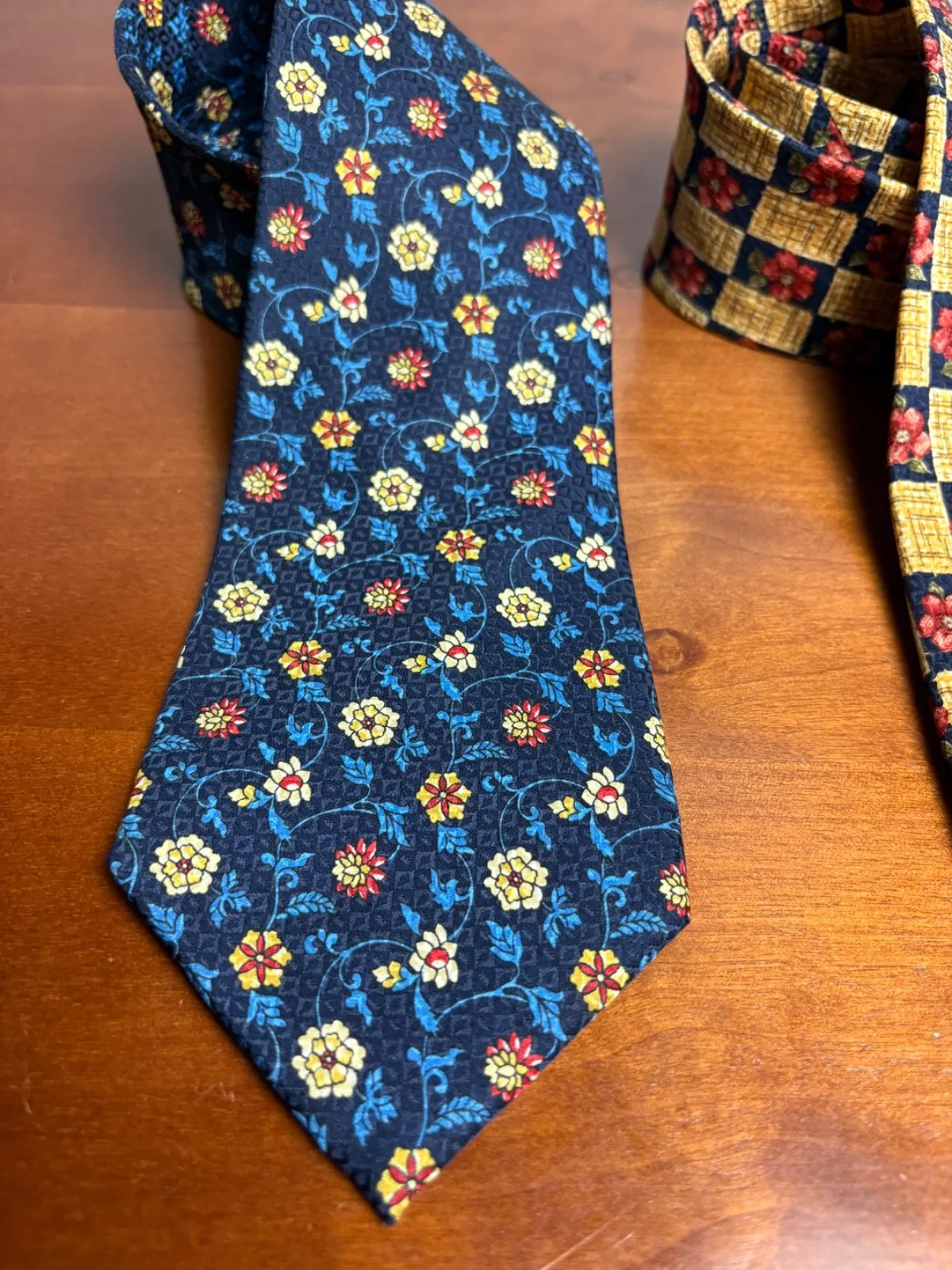 Lot of 2 Addison on Madison Handmade Silk Neckties Floral Checks Blue Yellow – photo 3