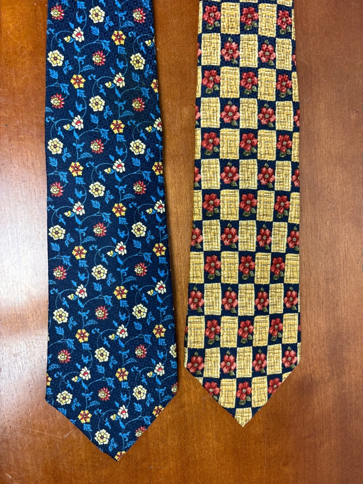 Lot of 2 Addison on Madison Handmade Silk Neckties Floral Checks Blue Yellow – photo 7