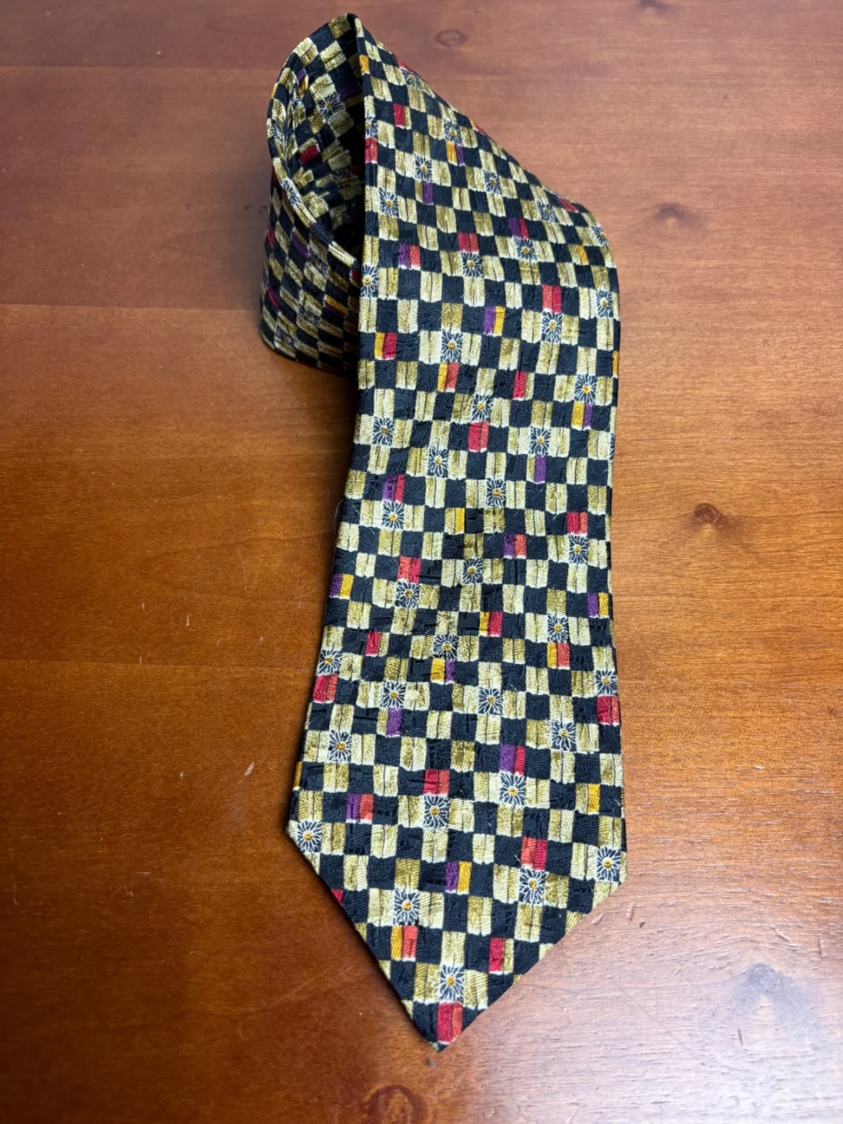 Richel Handmade In Spain Silk Tie Geometric Check Floral Gold Black Red